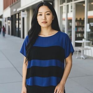 TORRID 0 0X XL Cobalt Blue Black Stripe Chiffon Top Buttons R $45